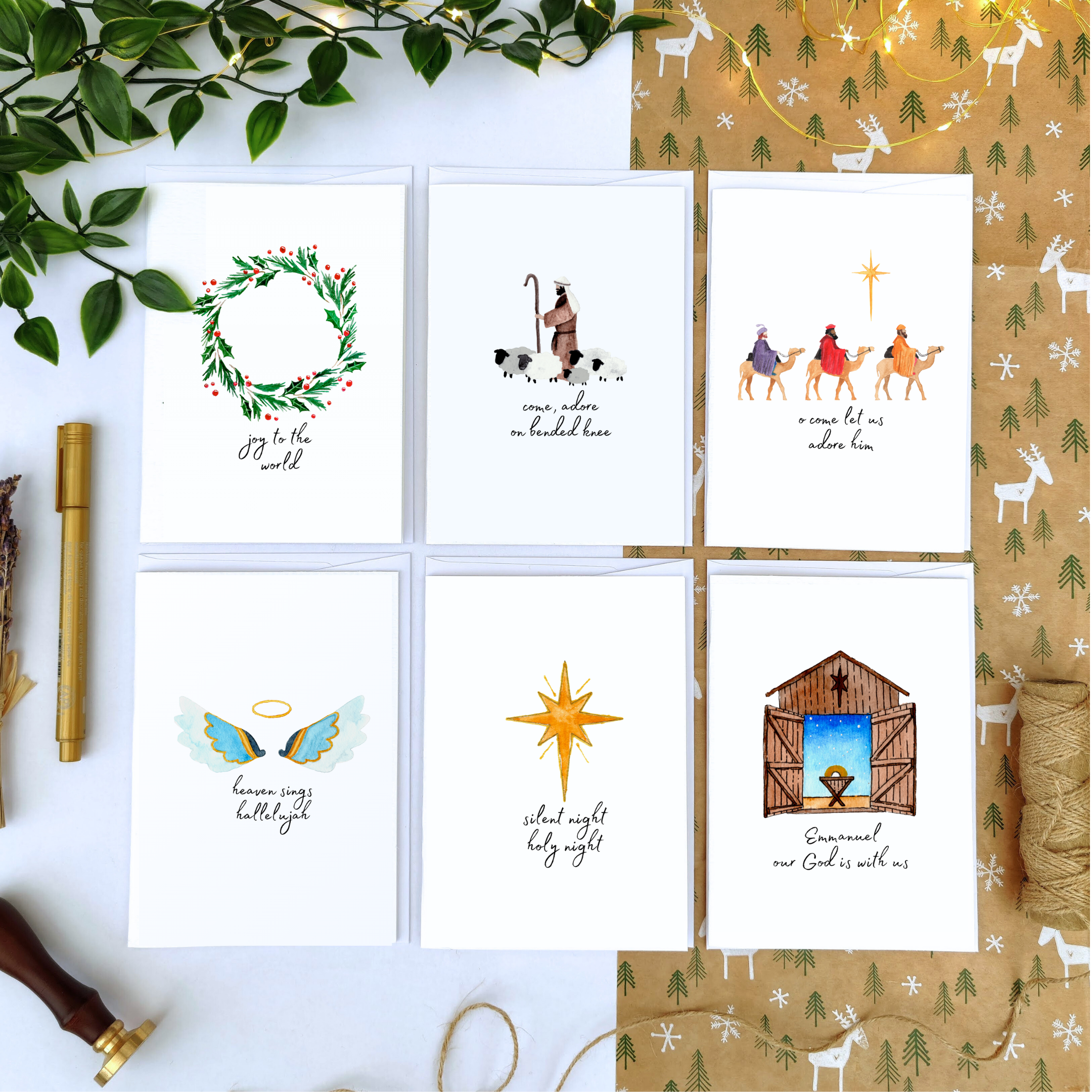 Pack of Six Watercolour Nativity Christmas Cards