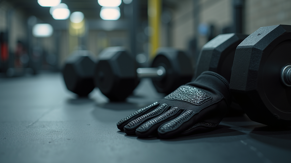 Eye-level view of gym gloves placed next to dumbbells