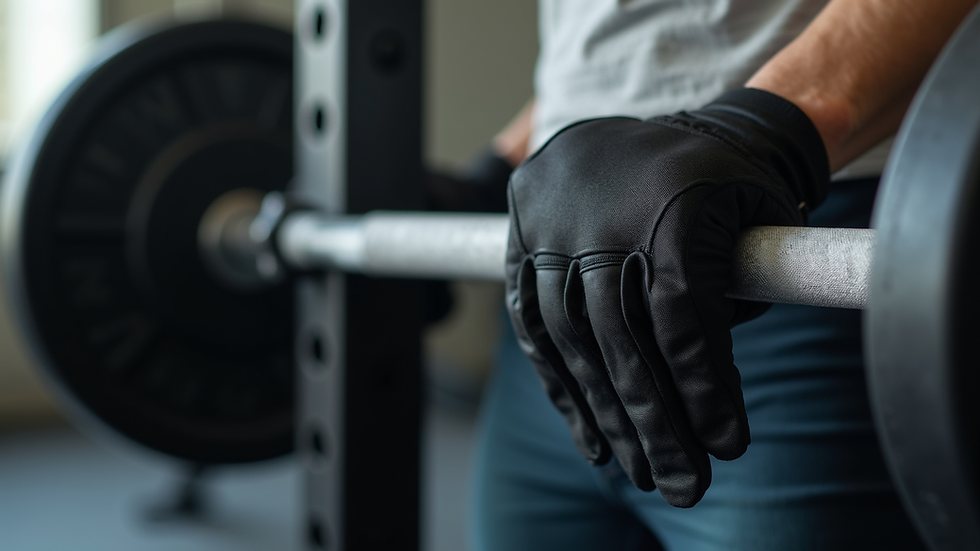 Close-up view of gym gloves on a weightlifting bar