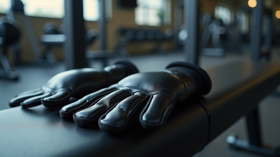 High angle view of gym gloves on a workout bench with weights