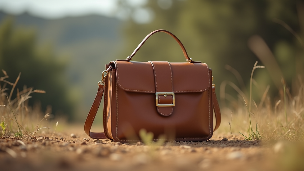Vista lateral de bolsa tiracolo minimalista em couro marrom