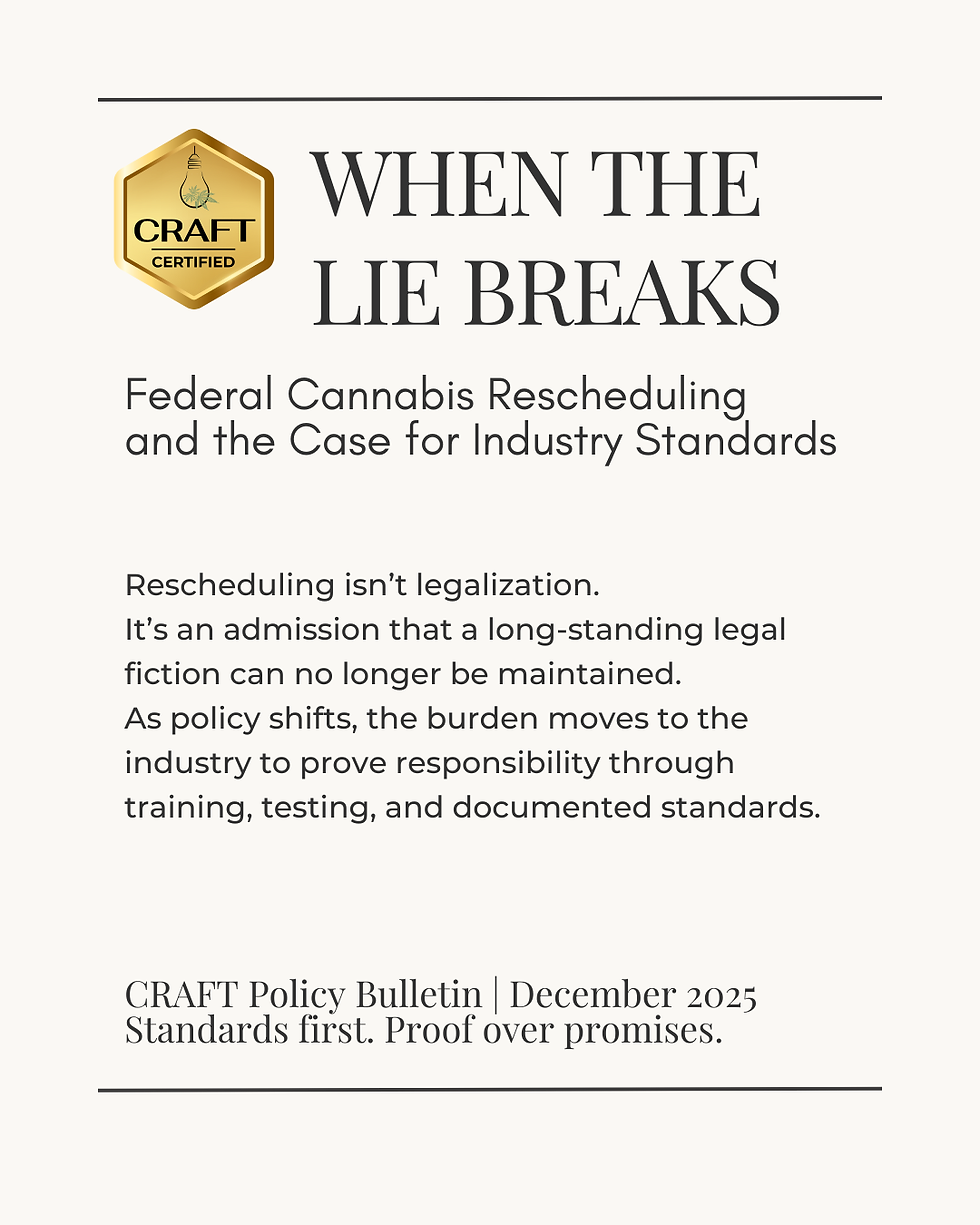 CRAFT Policy Bulletin: When the Lie Breaks. Federal Cannabis Rescheduling and the Case for Industry-Led Standards