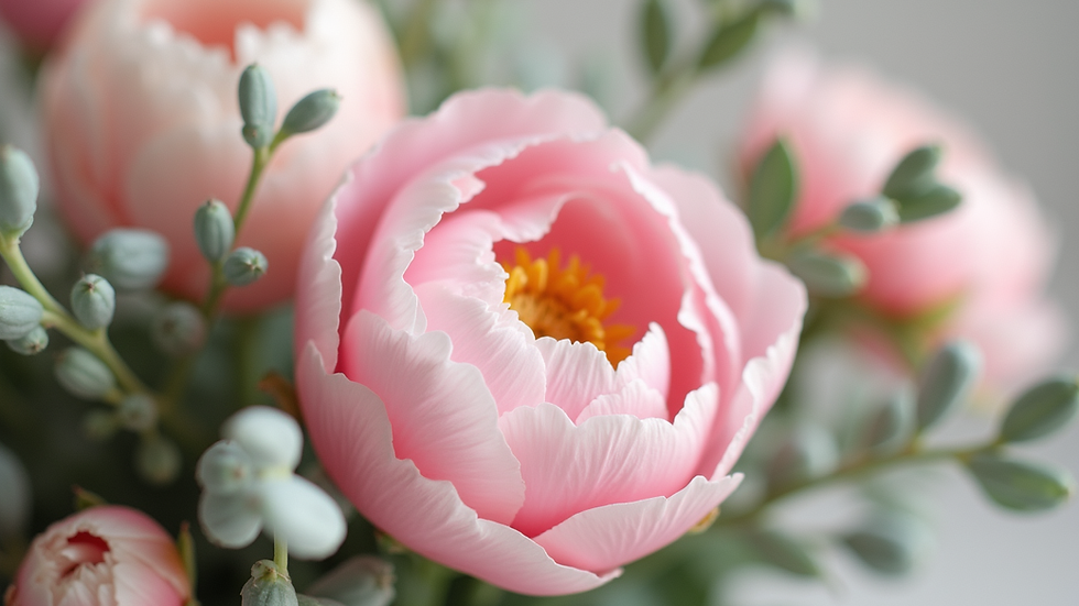 Close-up view of a pastel floral centerpiece with peonies and eucalyptus