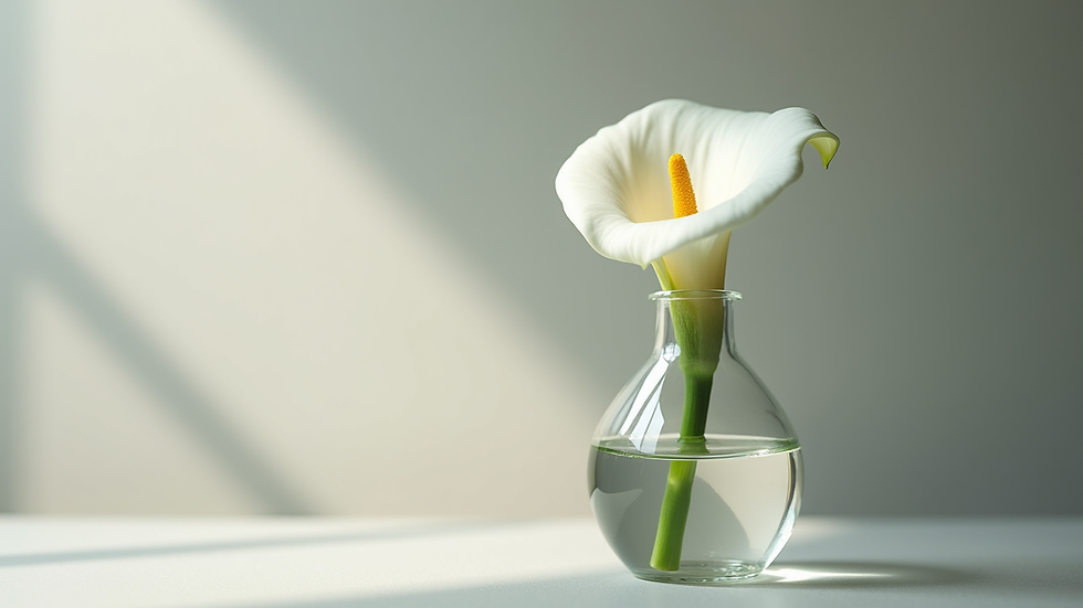 Close-up view of a single white calla lily in a clear glass vase