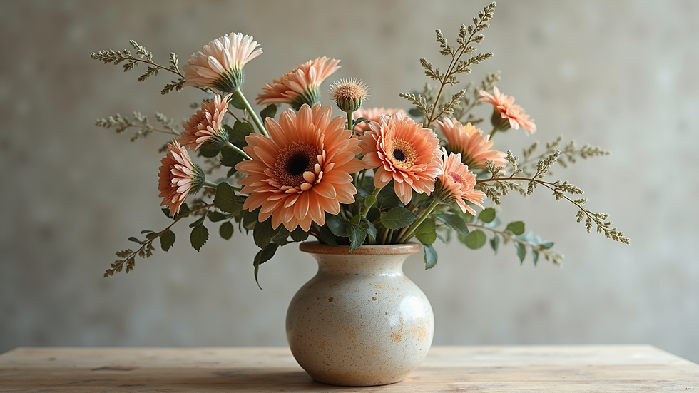 Close-up view of a rustic ceramic vase holding a mixed floral bouquet