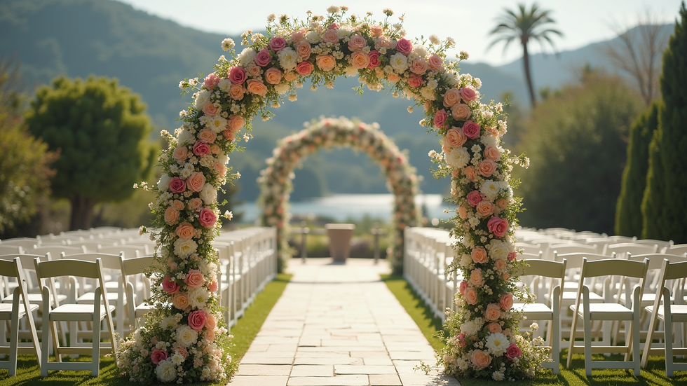 Close-up view of a floral arch framing an outdoor wedding altar