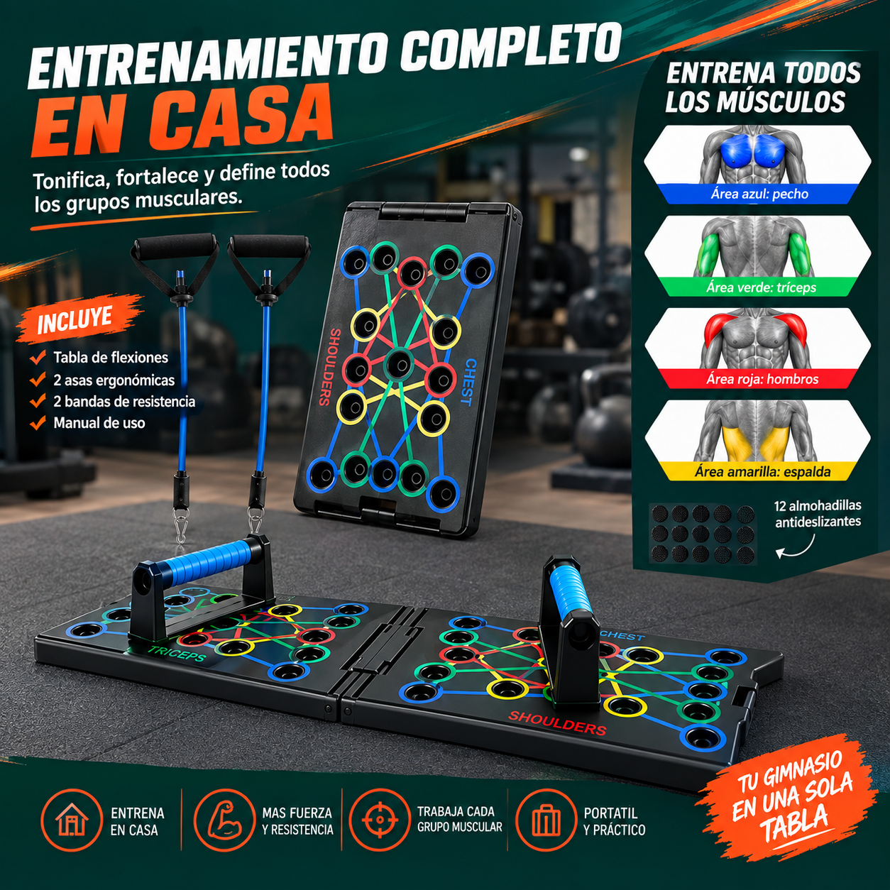 Tabla de Flexiones Multifunción 24 en 1 con Bandas de Resistencia – Portátil
