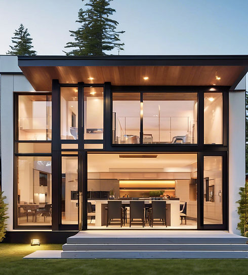 A well-lit image of a modern home exterior featuring premium aluminum sliding windows and