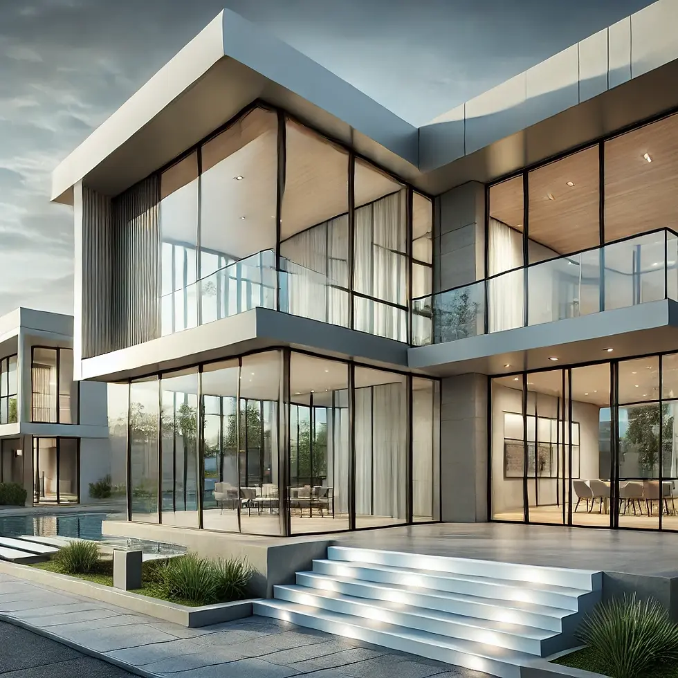 Modern aluminum and uPVC windows and doors installed in a contemporary home with glass partitions, sliding windows, and toughened glass facades.