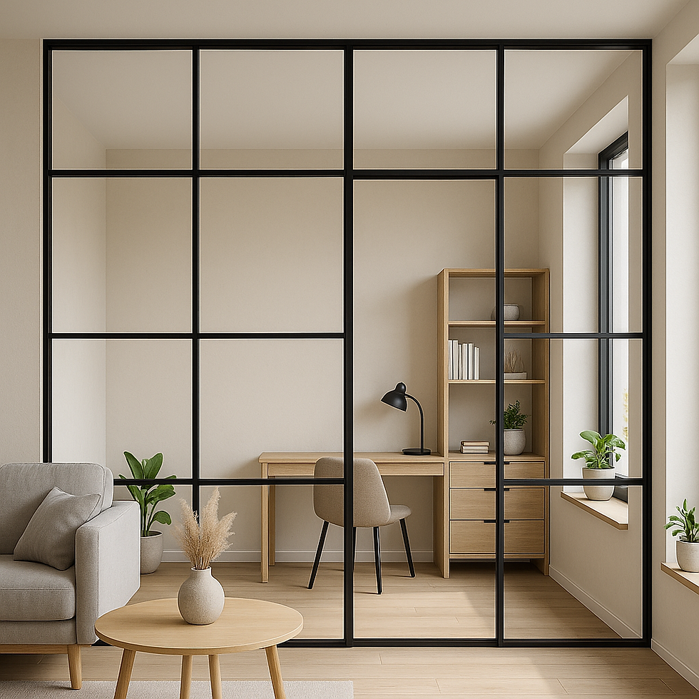 A modern living room with a sleek Slim Partition glass divider, minimalistic furniture, and lots of natural light—ideal for premium apartments or offices