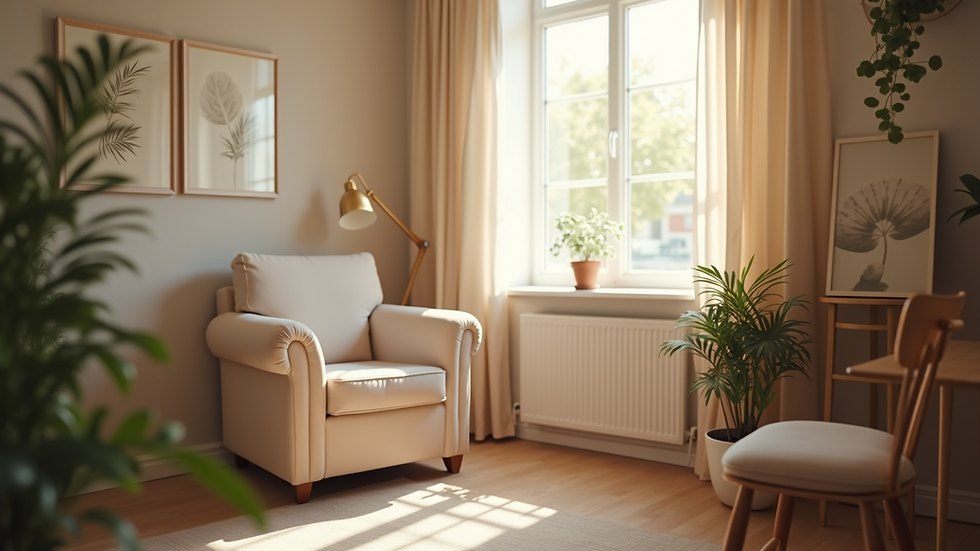 Eye-level view of a cozy therapy room with a comfortable chair and soft lighting