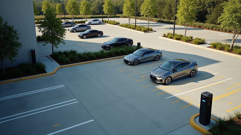 High angle view of a parking lot with multiple EV chargers installed