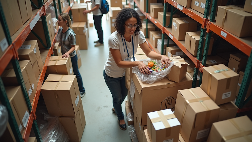 High angle view of a charity event with volunteers organizing donated goods
