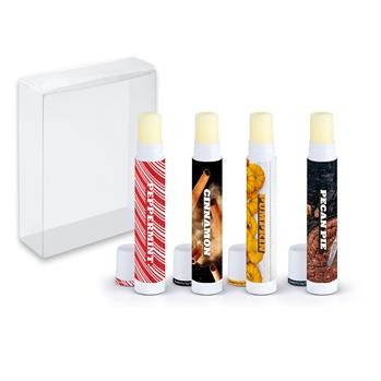 Four peppermint, cinnamon, pumkin and pecan pie flavored lip balms with custom imprinting on all labels available in a clear box