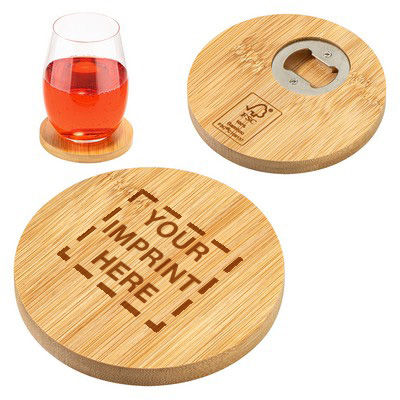 Wooden coaster with custom imprint & bottle opener on the inside of the bottom 
