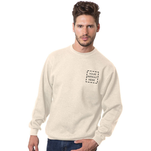 A man wearing a beige crewneck with custom imprinting