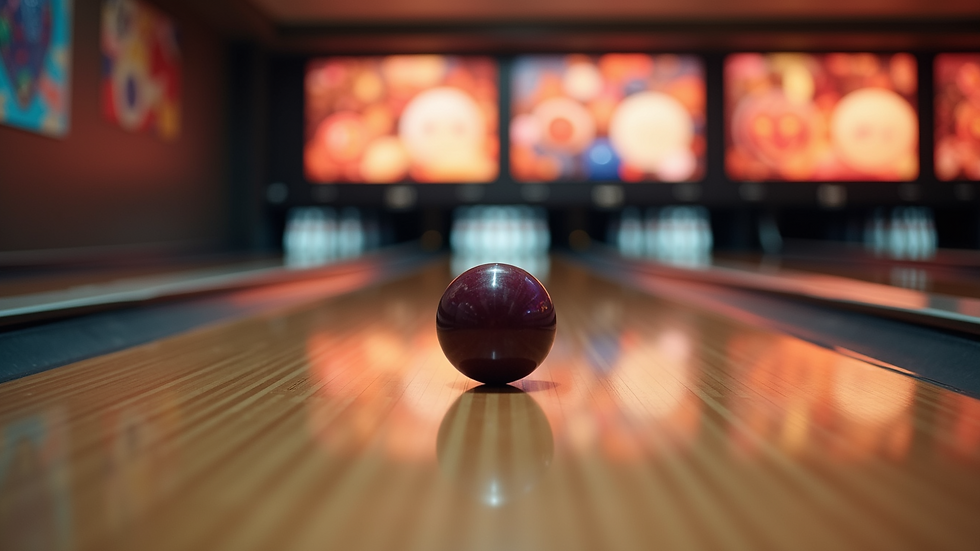 Close-up view of a duckpin bowling ball rolling down the lane