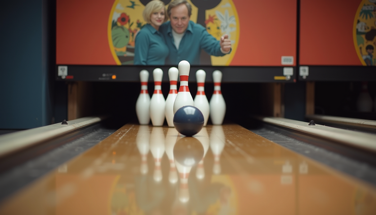 Eye-level view of a duckpin bowling lane with pins set up and ball rolling down the lane