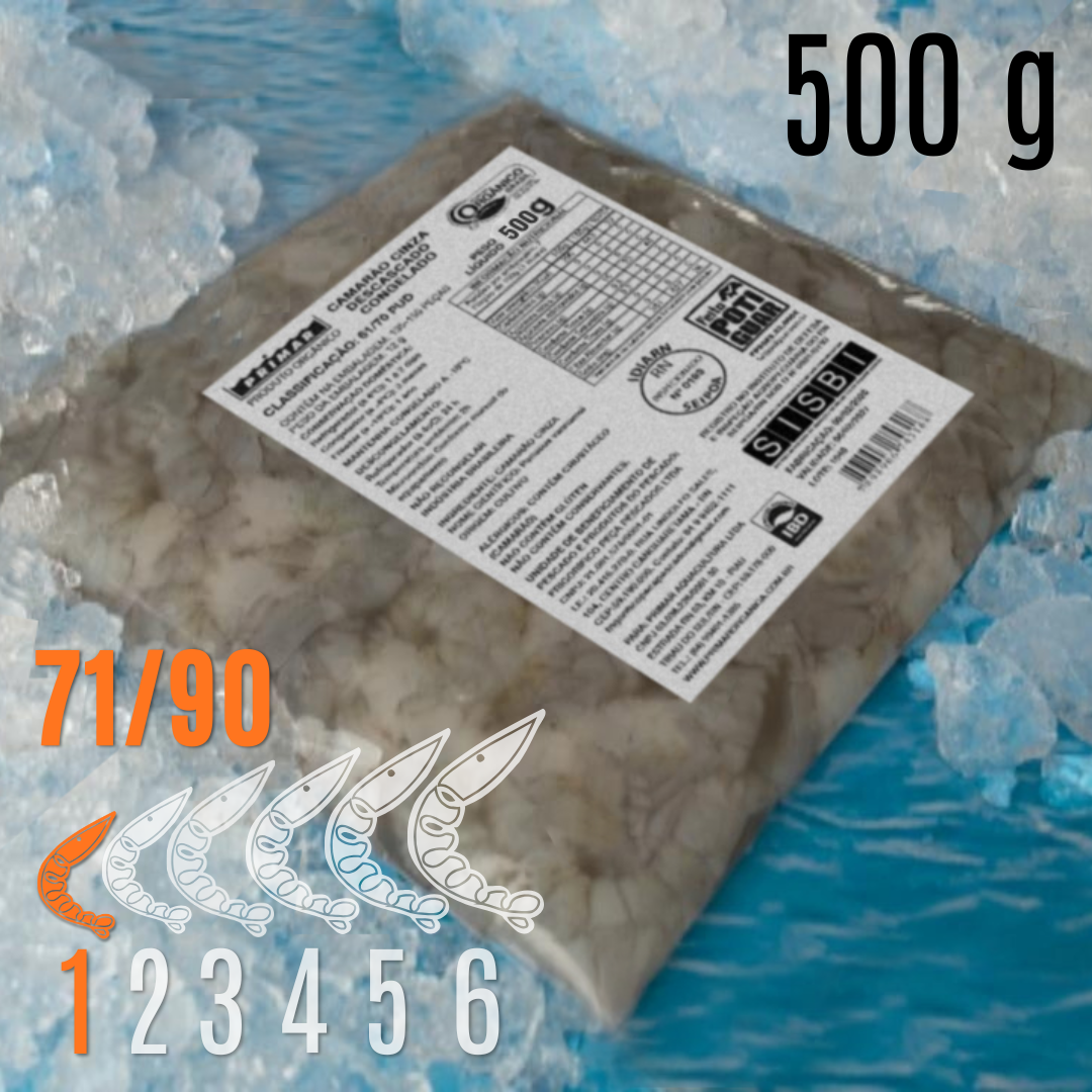 Filé de camarão orgânico descascado, não eviscerado Tamanho 1 - embalag. 500g