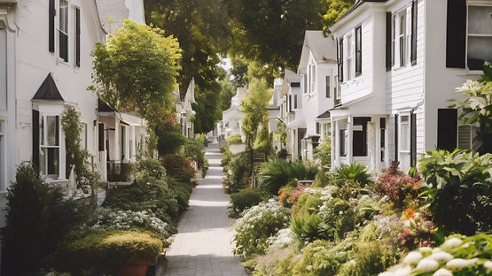 a beautiful shot of a neighborhood street with multiple mostly white houses with plants an...ge..jpg