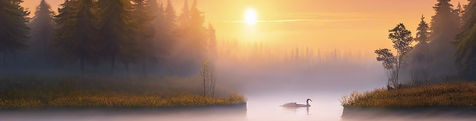 a beautiful lake with low fog sunset on the horizon snakeing into the distance .jpg