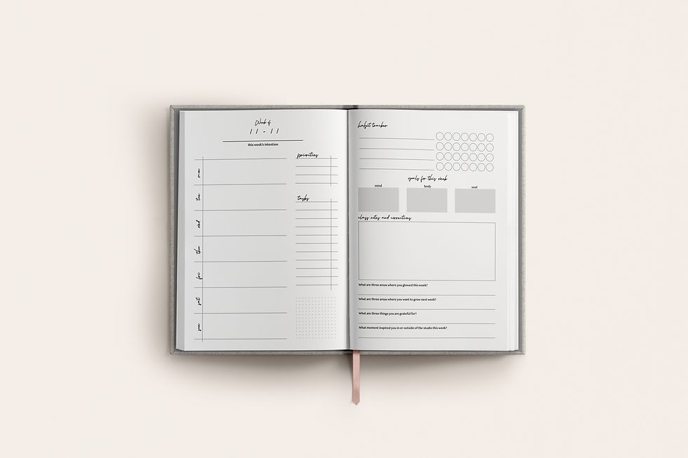The Cozy Dancer Guided Journal for Mindful Dancers. This page is the weekly planning page in the journal that includes habit tracking, goal setting, and prompts curated specifically for mindful and serious dancers/ballet students.