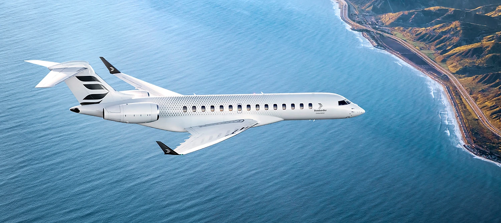 Bombardier Global 8000 ultra-long-range business jet in flight over a coastline