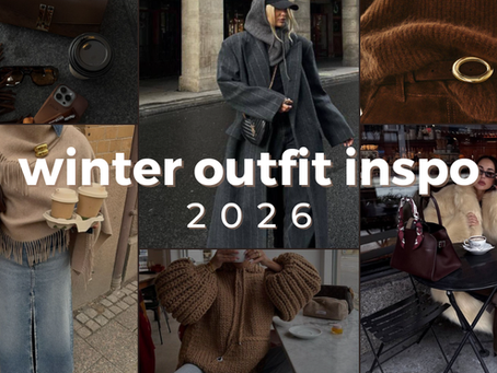 A collage of different women wearing winter trends for 2026, big jackets, fur coats, shades of brown, grey, burgundy