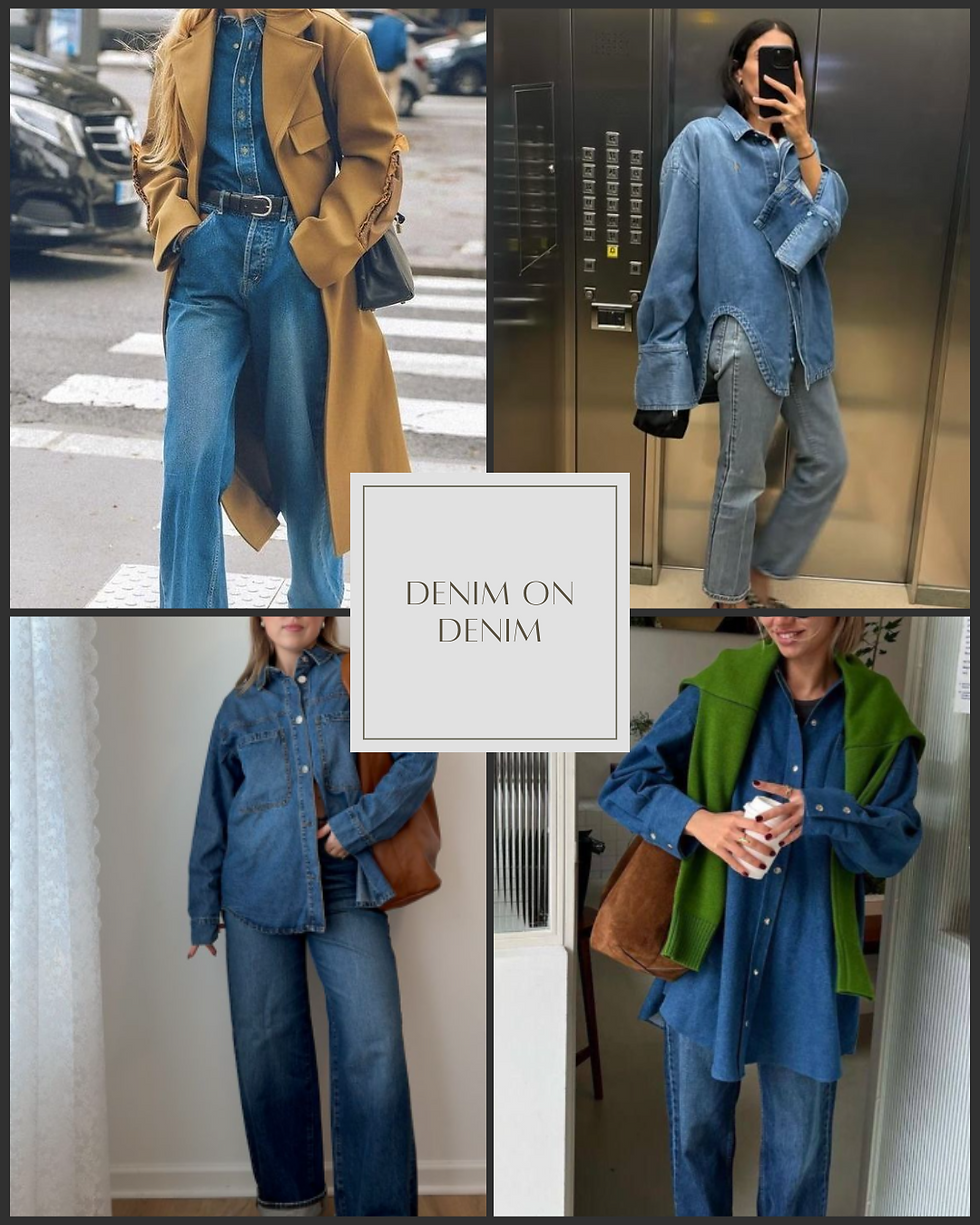 Four outfits featuring denim on denim. Top left: brown coat. Top right: elevator selfie. Bottom left: brown bag. Bottom right: green sweater.