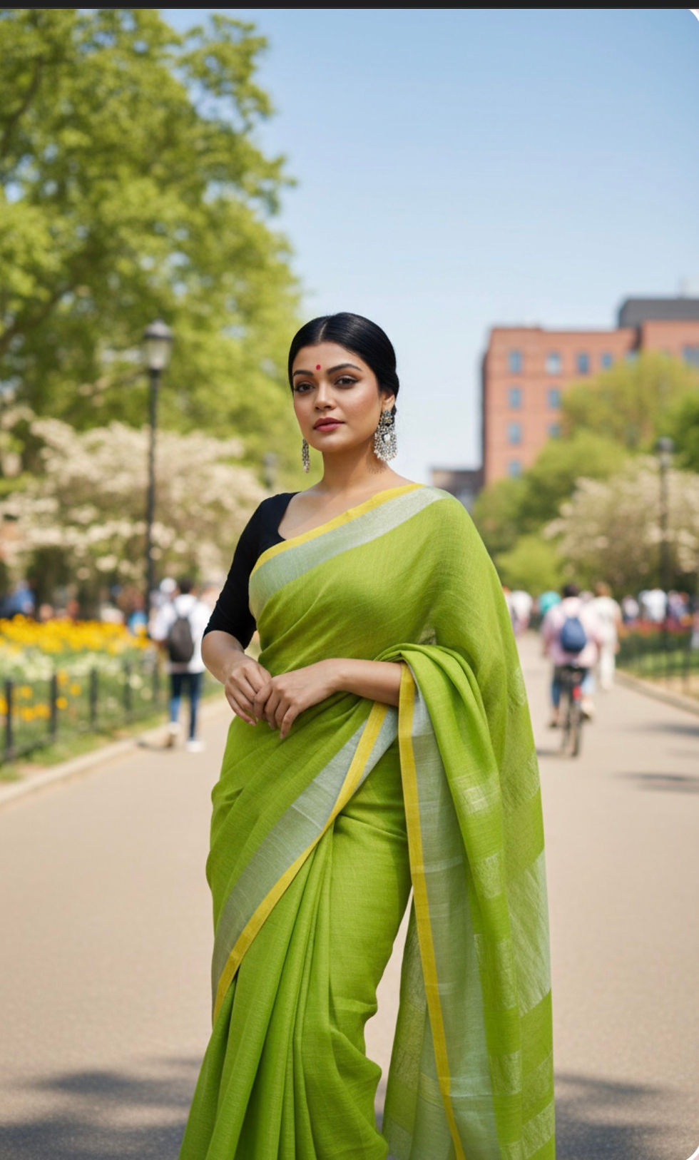 Thumbnail: PURE LINEN VIBRANT GREEN SAREE WITH SILVER ZARI BORDER