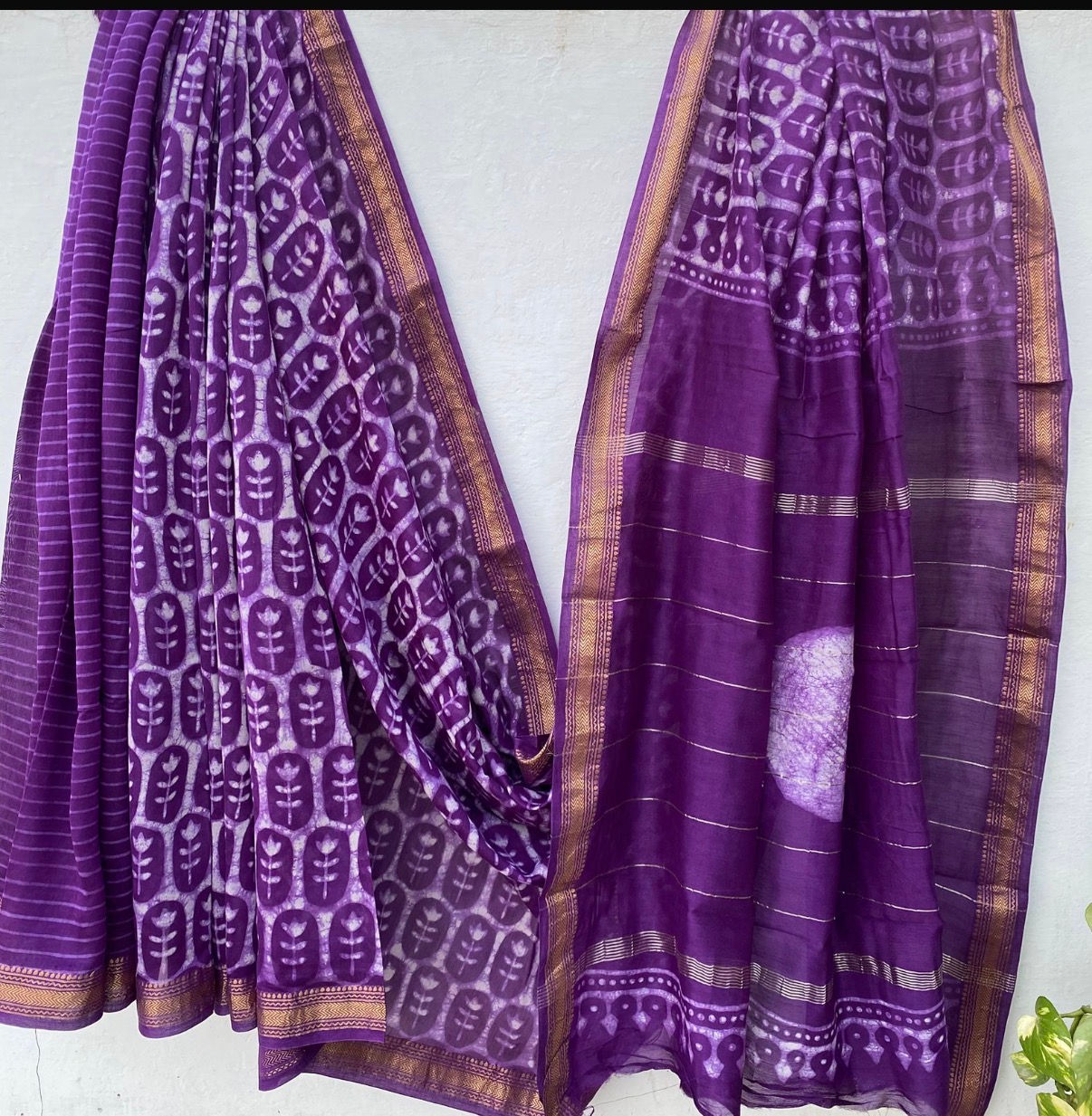 Handblock Printed Maheshwari Silk Purple Saree with Golden Zari Border