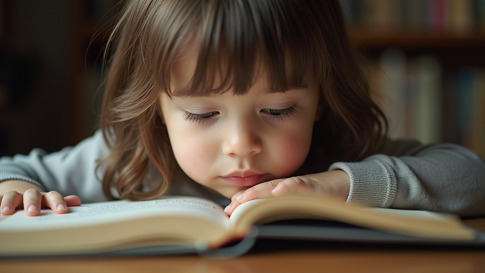 Eye-level view of a child reading a book with a focused expression