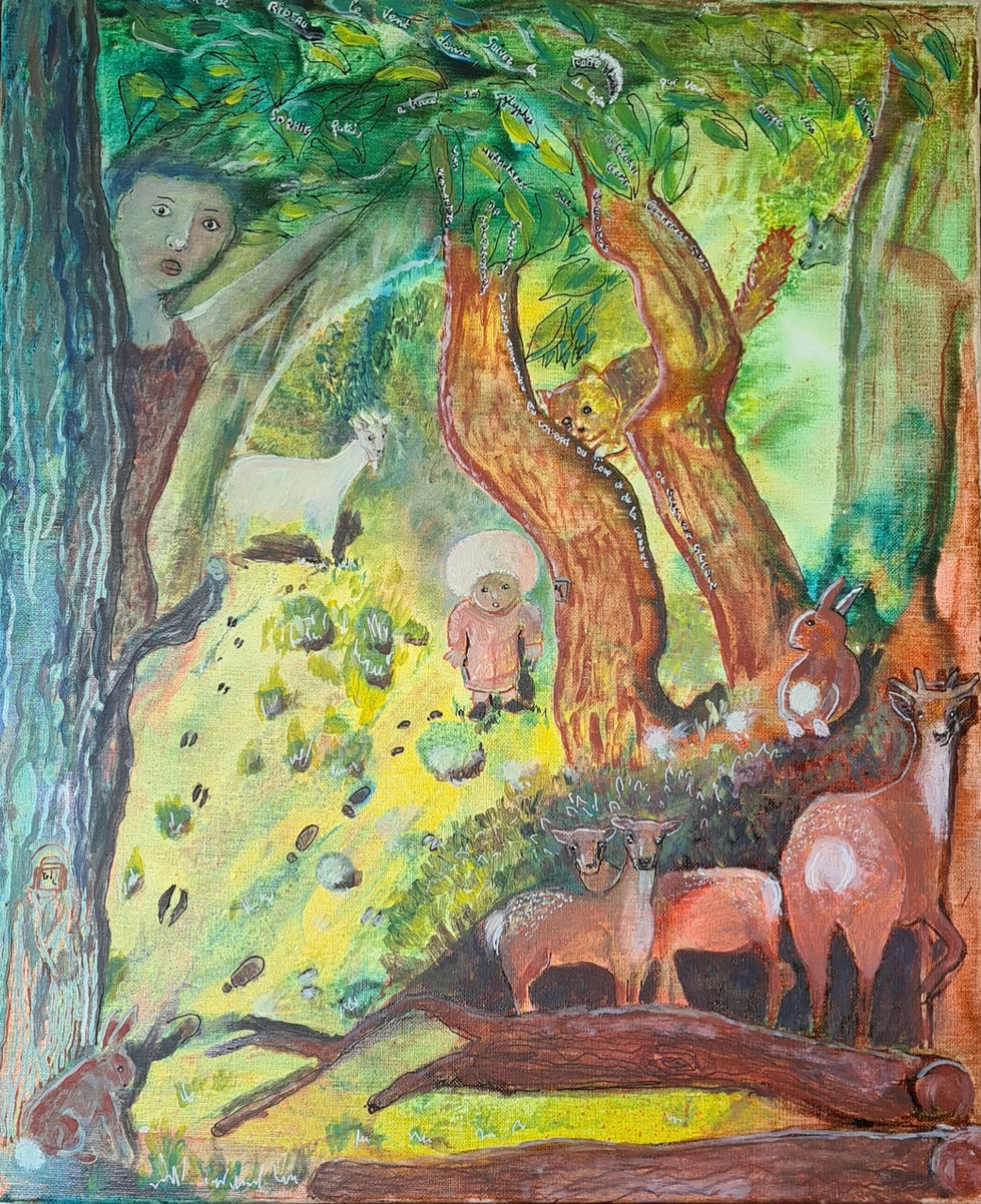 2025 – Toile de lin, 60 × 50 cm – Technique mixte
Un lapin blanc ouvre la voie — comme dans Matrix.
Dans cette forêt de contes revisités, on croise Sophie (libérée des malheurs de la Comtesse de Ségur),
sa complice la chèvre de Monsieur Seguin, un chat au sourire fixe… et, juste sous sa queue, un loup.
Une conversation avec une intelligence artificielle a servi de trace, pas d’influence.
Un calligramme traverse la matière comme un fil.
Libre à chacun d’y lire sa propre histoire.