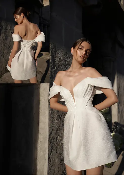 Anne Mariee ‚Bona‘ kurzes Off‑Shoulder Brautkleid aus strukturiertem Mikado (EU 42)