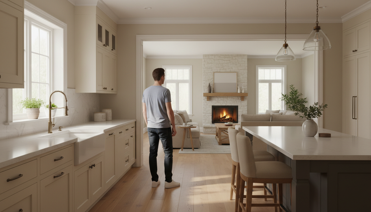 Eye-level view of a buyer standing in a bright kitchen and looking toward the living area.
