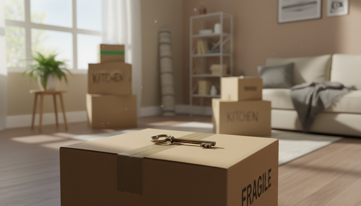 Close-up view of a house key resting on a moving box
