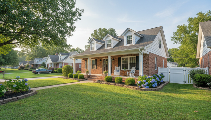 Wide-angle view of a welcoming home with a front porch and neatly kept walkway.