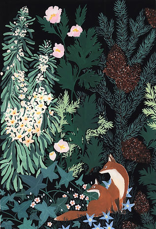 forêt triptyque forest triptych ilustration gouache painting Lil Sire fox renard flower
