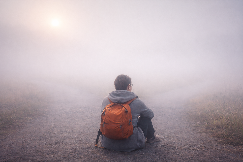 Person sitting at a fork in the road, surrounded by fog, waiting for the mist to clear