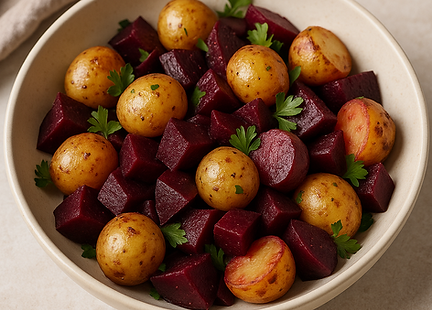 Baby Potato & Beetroot Warm Salad - Roasted baby potatoes and beetroot tossed with herbs