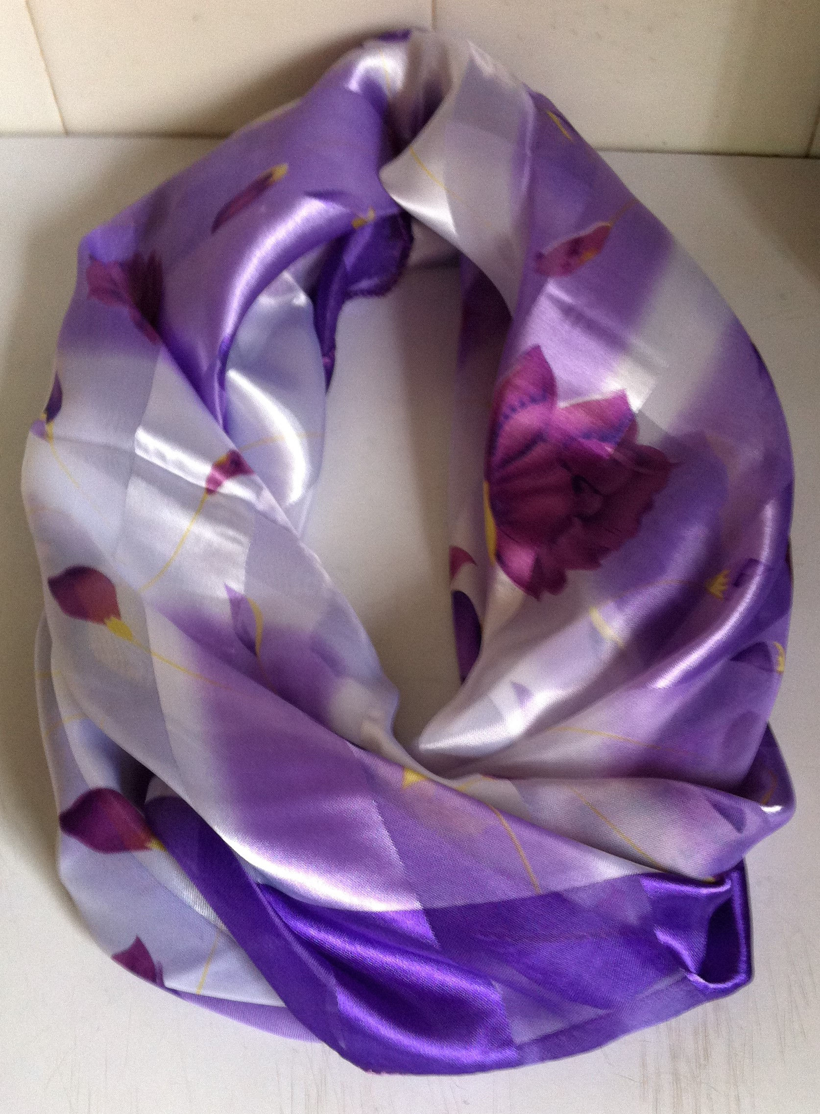 Royal Purple & Lilac Silk Scarf with Flower Prints