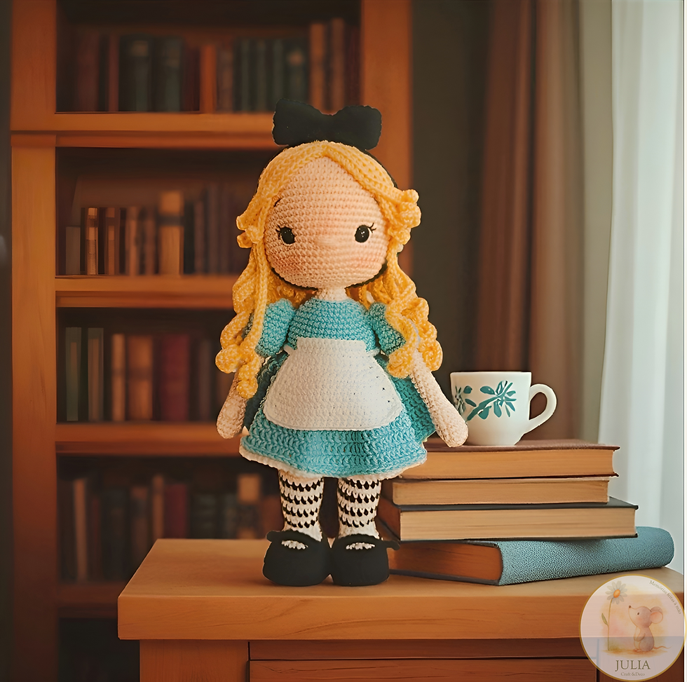 "Encante o seu ambiente com esta linda versão em amigurumi da Alice no País das Maravilhas, com 35cm de altura. Feita à mão c