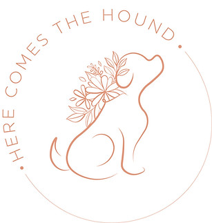 Here Comes the Hound logo featuring an outline drawing of a dog adorned with delicate light brown flowers, combining elegance and charm