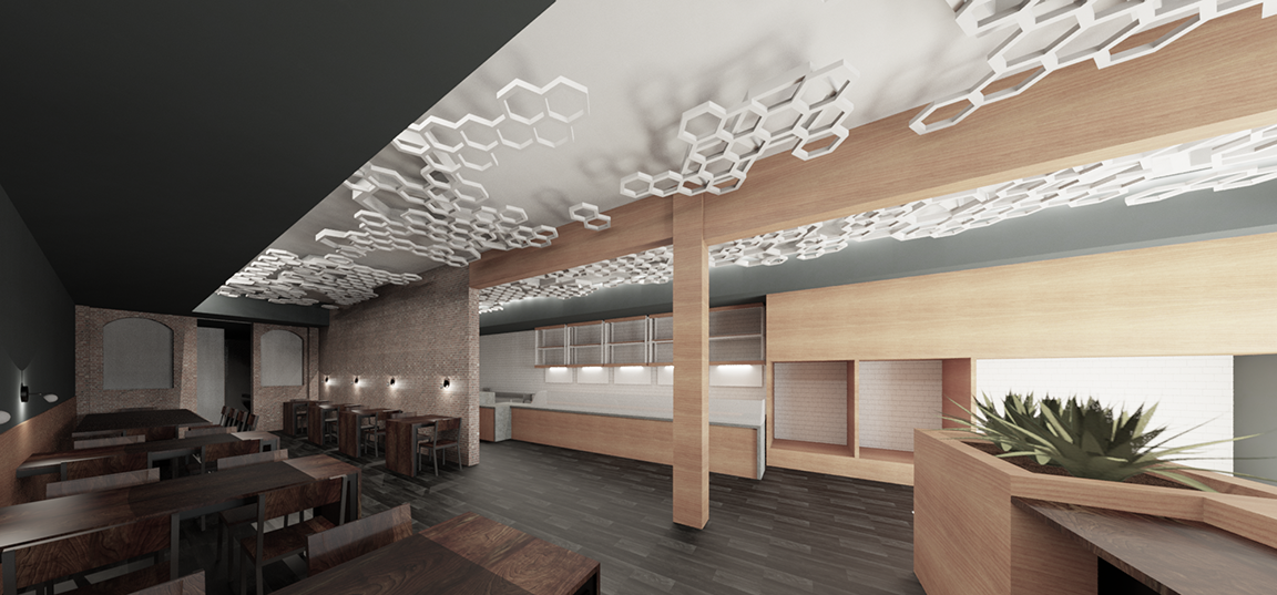 Concept design of custom suspended ceiling of hexagonal lights in historical building