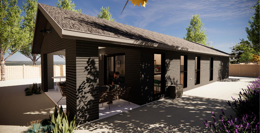 624 sf 1-bedroom, 1-bathroom simple ADU with covered patio and attached garage.