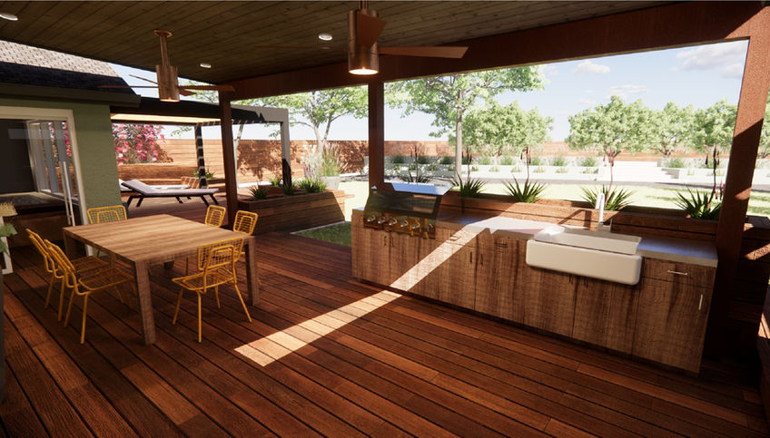 Landscape design of an outdoor oasis with kitchen, dining, spa and shaded areas in Shasta Lake City, CA.