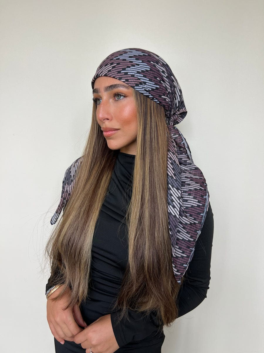 Lightweight taupe and gray chevron headscarf styled in a pretied slip-on design.
