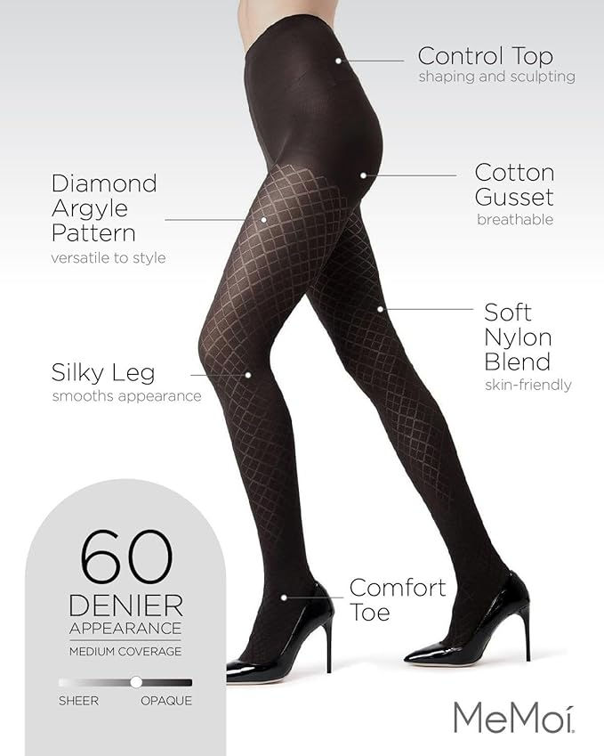 MeMoi Diamond Argyle Control Top Tights – Patterned 60 Denier Hosiery with Control Waist
