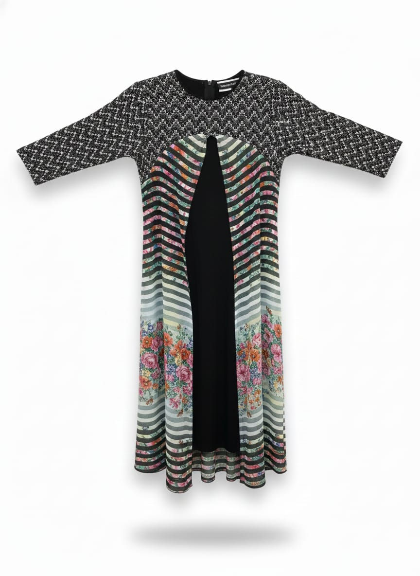 Black girls/teens dress with patterned top, striped side panels, floral prints