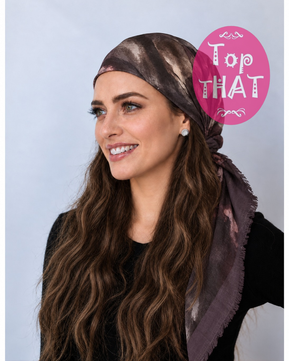 Plum Pretied Tichel Headscarf • Non-Slip Velvet Grip Band • Adjustable Elastic Toggle